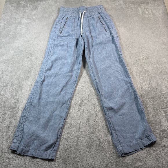 Athleta Pants - Athleta Cabo Linen Wide Leg Pants Womens 2 Blue Drawstring Pockets Travel Lounge